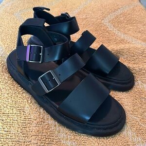 Dr. Martens Black Leather Triple-Strap Platform Sandals with Silver Buckles